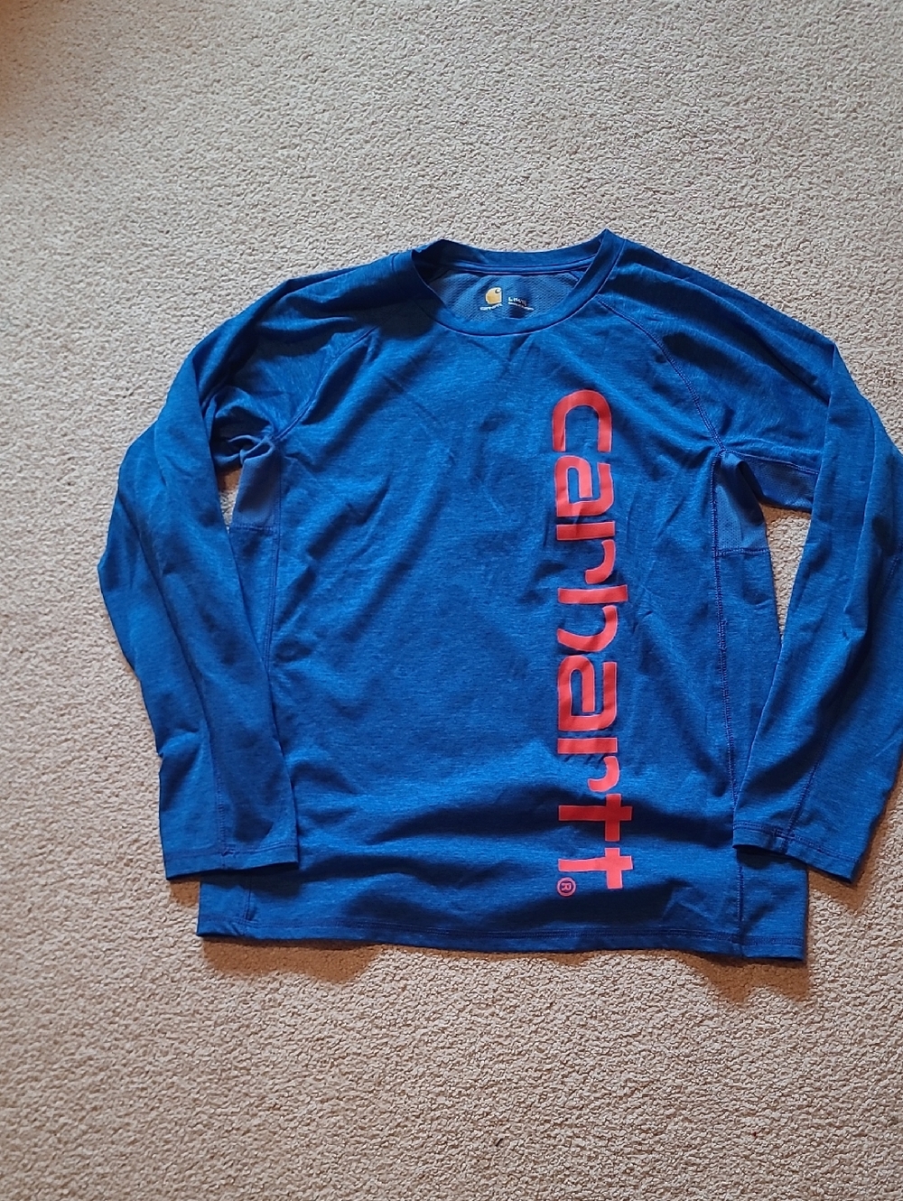Carhartt Blue Long-Sleeve Tee with Red Vertical Logo